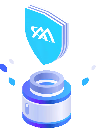 The MEF logo on a shield moving up and down over a colorful cylinder